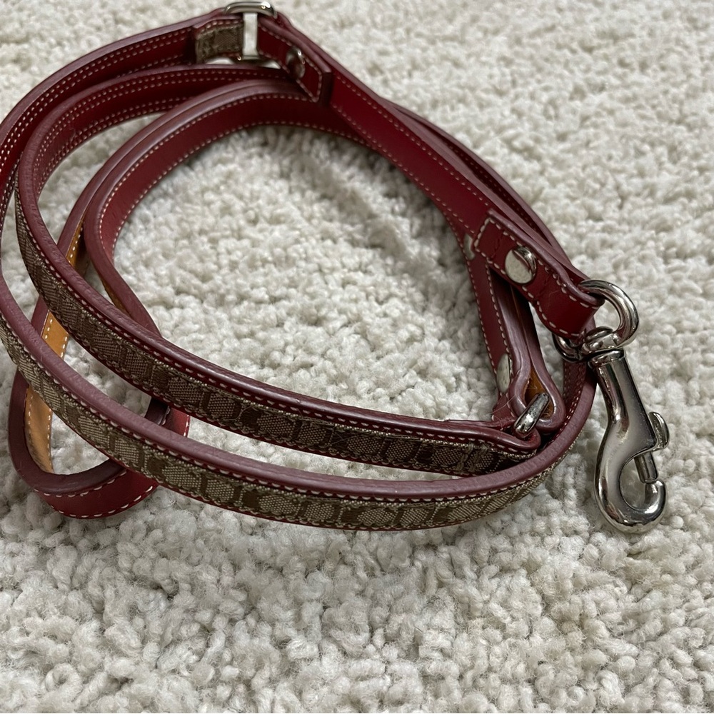 VINTAGE Y2k Auth COACH Red LEATHER Beige JACQUARD Pet DESIGNER Small Dog LEASH